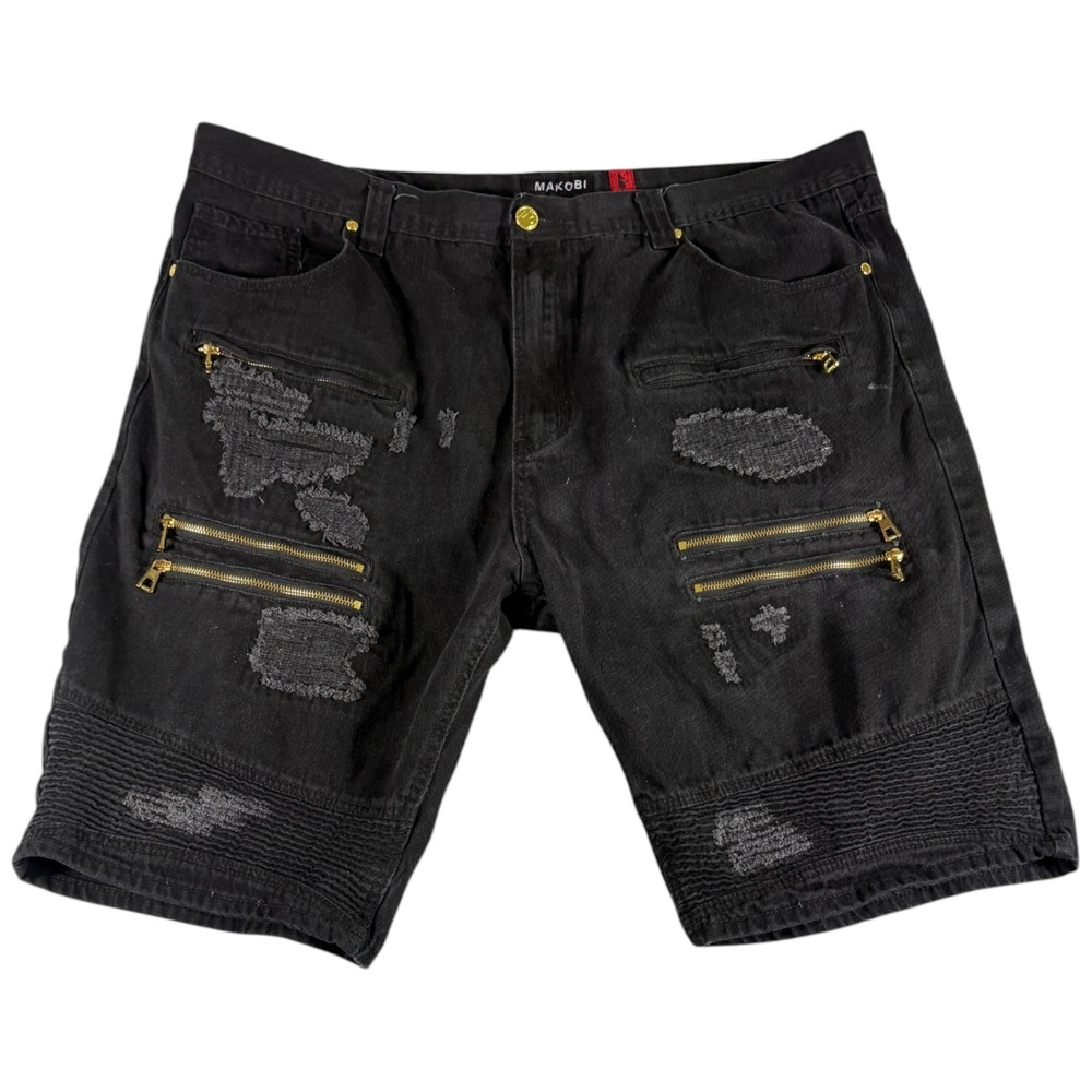 Makobi Biker Shorts Mens 46 Black Denim Distressed Rugged Moto Casual Gold Zip